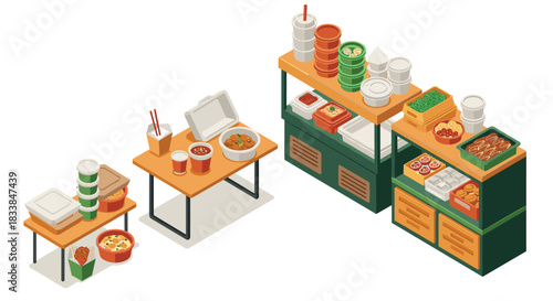 Isometric asian street food stall with noodles, boxes, and containers displayed on tables