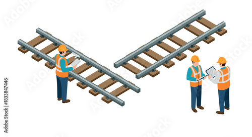 Construction workers inspecting railway tracks in isometric design