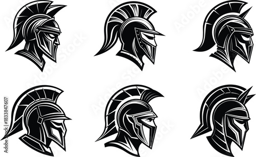 Set of Six Bold Black and White Vector Illustrations of Spartan, Roman, or Greek Helmets, featuring Detailed Plumes and Warrior Profiles for Esport Logos and T-Shirt Designs