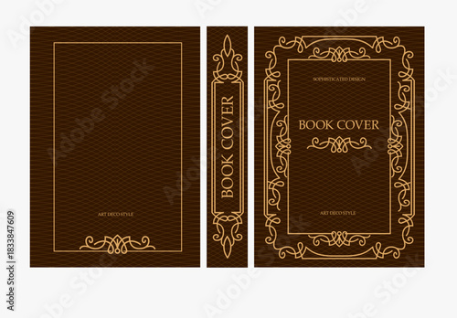 Classic vintage book cover and spine with gold and black art deco, art nouveau ornament, decorative frame, elegant retro style for classic publications, posters, artistic layouts