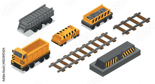 Isometric construction vehicles and railway elements in modern design