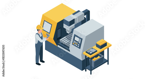 Isometric cnc machine and worker concept for manufacturing and industrial automation