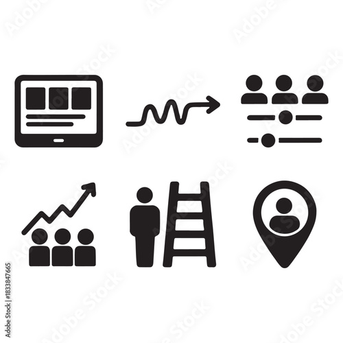 This image is a collection of six simple, black and white icons arranged in two rows. They depict concepts like a tablet with multiple windows, a winding arrow, people with sliders, a rising graph 