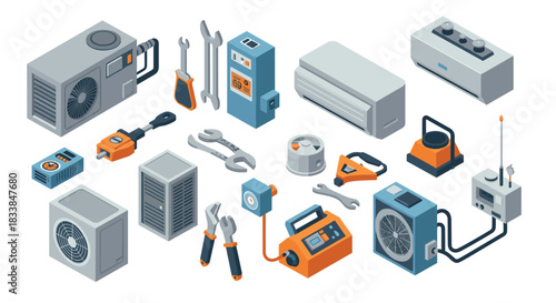 Modern hvac equipment and tools in isometric style for commercial and home use