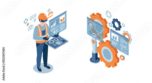 Isometric engineering technology: worker and robotic arm with digital interface