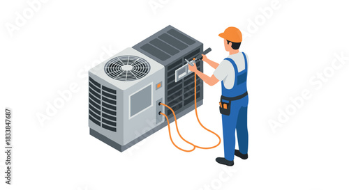 Technician maintaining air conditioning unit in isometric style