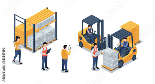 Warehouse operations with workers and forklifts in an isometric style