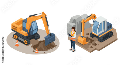 Isometric construction equipment with worker and excavators