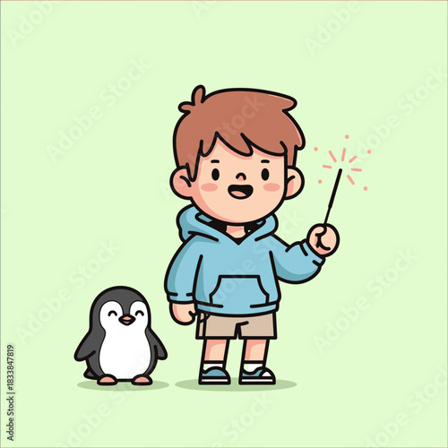 Cartoon boy with sparkler and penguin friend smiling with rosy cheeks