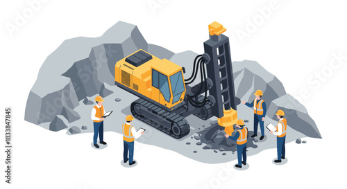 Construction team operating heavy drilling machine in quarry