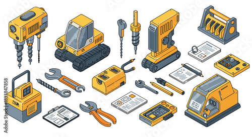 Isometric construction tools and equipment set in yellow and gray