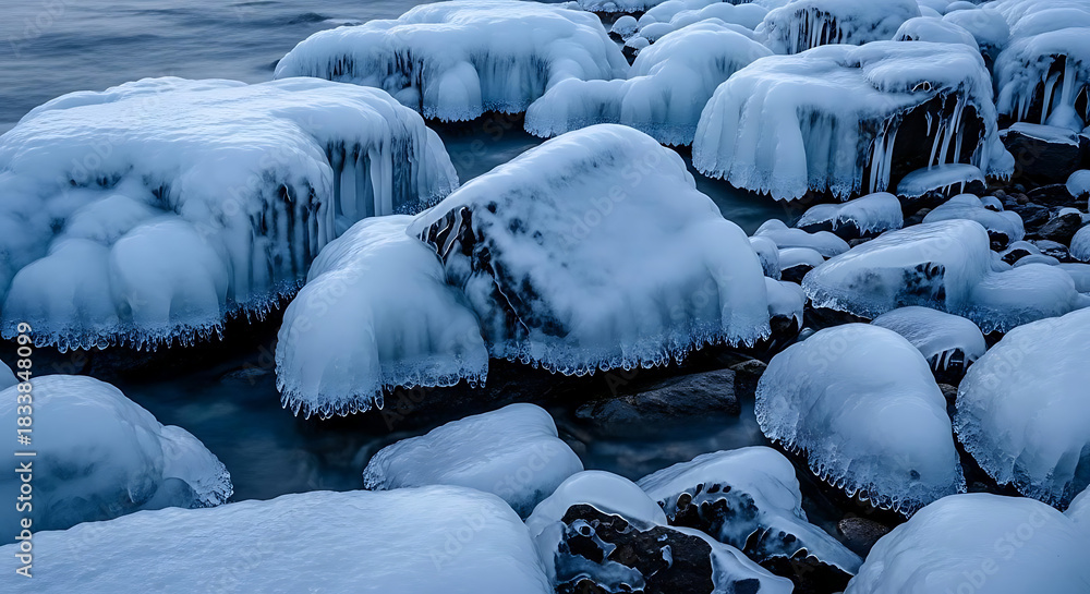 Obraz premium A view of ice covered rocks near water with icicles hanging from the edges on a cold winter day ai generated