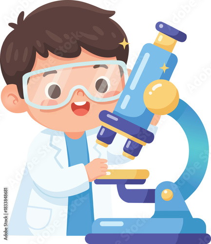 Kid Scientist with Microscope doing Science Experiments 