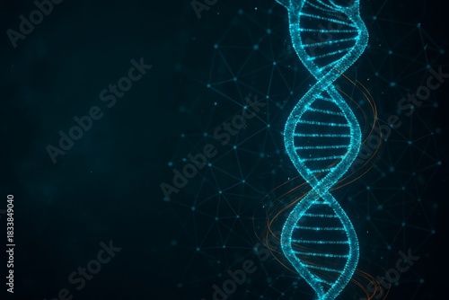 Glowing DNA double helix structure with digital particles and lines on dark abstract background representing science and genetic education concept. Ai generative