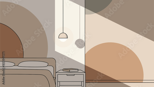 Minimalist Boho Bedroom Interior Vector with Geometric Shapes