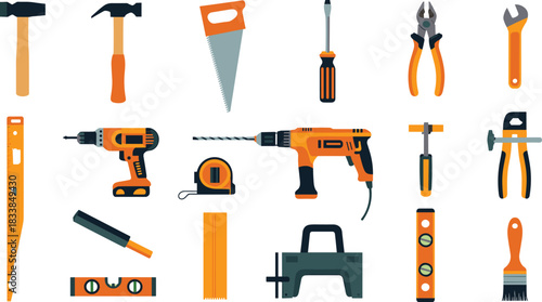Flat design illustration of construction tools including hammer, saw, drill, screwdriver, pliers, wrench, tape measure, level, brush, DIY equipment