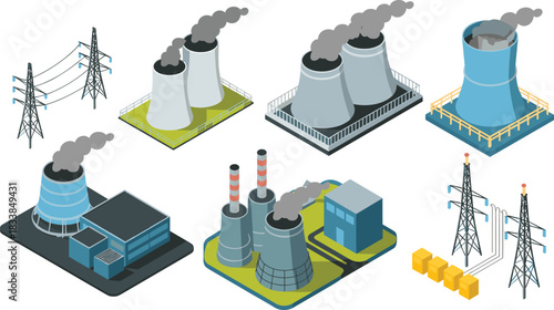 Isometric illustration of industrial power plants with cooling towers, smoke emissions, electricity pylons, energy infrastructure stations, factory buildings, environmental impact concept