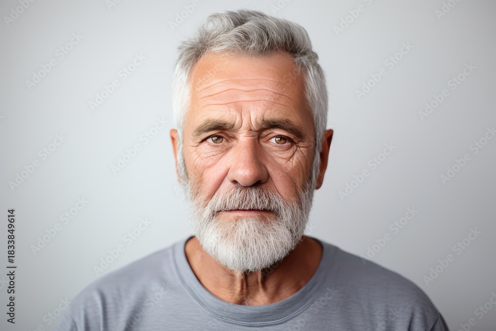 Obraz premium Close up portrait of a thoughtful senior man with grey hair and beard, exuding wisdom and experience against a neutral background