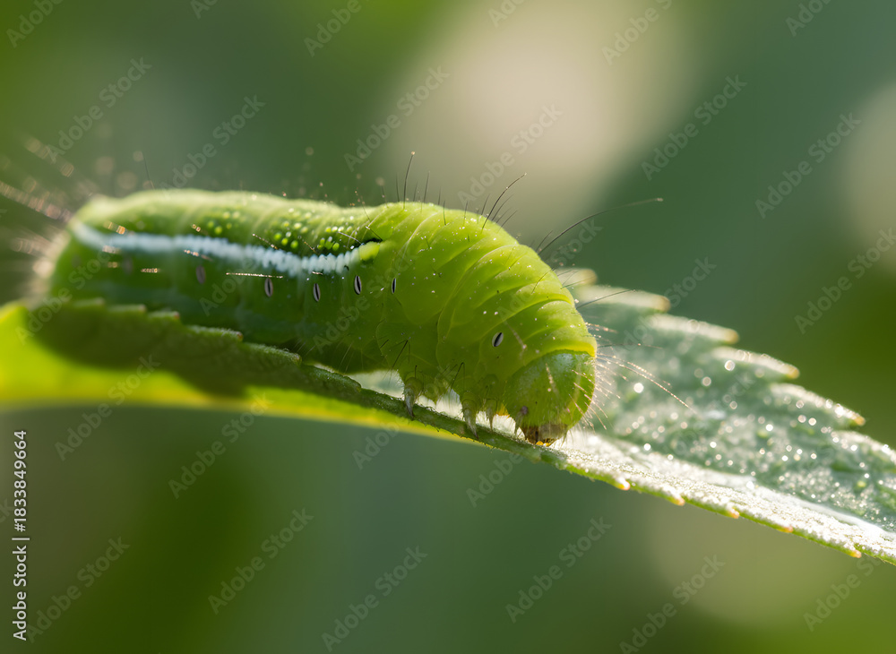 Fototapeta premium A detailed macro view of a vibrant green caterpillar with a blue stripe resting on a sunlit leaf in a natural garden setting