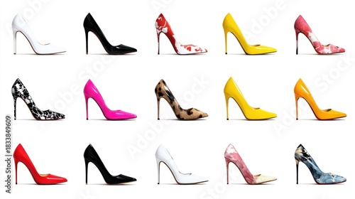 A collection of stylish high-heeled shoes in various colors and patterns.