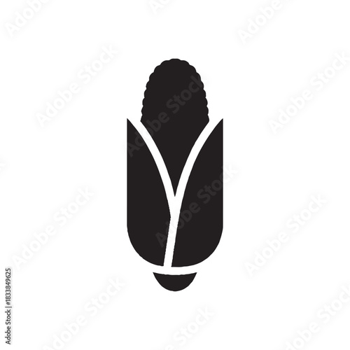 Clean black silhouette icon of a fresh ear of corn, partially husked. This minimalist graphic represents an essential agricultural crop and healthy food, ideal for farming or culinary themes