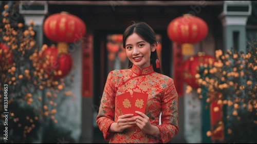 A woman in traditional attire smiles joyfully in a festive setting adorned with lanterns and vibrant decorations.