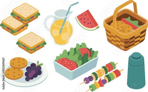 Isometric illustration of picnic food including sandwiches, salad, fruit, juice, skewers, cookies, thermos, basket, outdoor meal items for summer