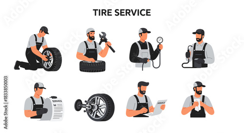 Eight illustrations of tire service mechanics performing various tasks