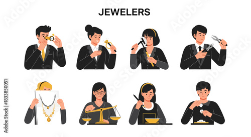 Eight jewelers in black suits performing various tasks related to gems and jewelry