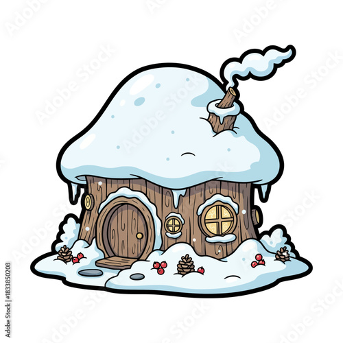 Cute Snow-Covered Tree Stump House Vector Illustration in Whimsical Winter Style