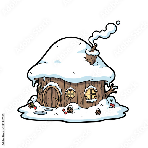 Cute Snow-Covered Tree Stump House Vector Illustration in Whimsical Winter Style