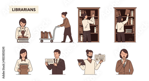 Illustration of eight distinct librarians performing various tasks around books and archives