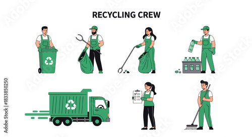 Illustration of recycling crew members performing various cleanup and collection tasks