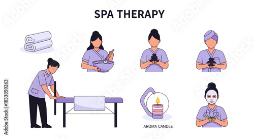 Illustration set depicting various spa therapy elements and personnel