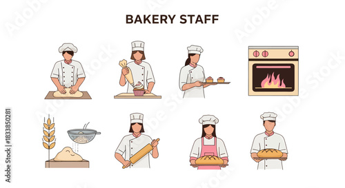 Illustration set of bakery staff performing tasks including baking and decorating