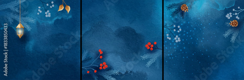 Set of Merry Christmas and Happy New Year banners. Golden lantern, branches, berries and Christmas decorations against artistic watercolor navy blue background