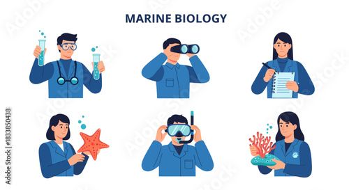 Six marine biology illustrations showing scientists with labware tools and specimens