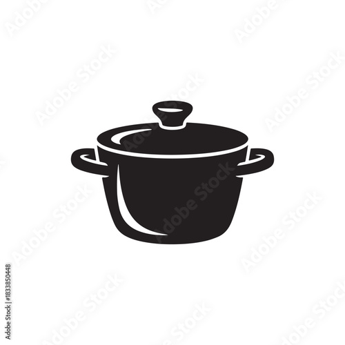 Simple black silhouette of a cooking pot with a lid and handles. Vector icon illustration of a stockpot or saucepan for kitchen and culinary design, isolated on a white background 14.eps