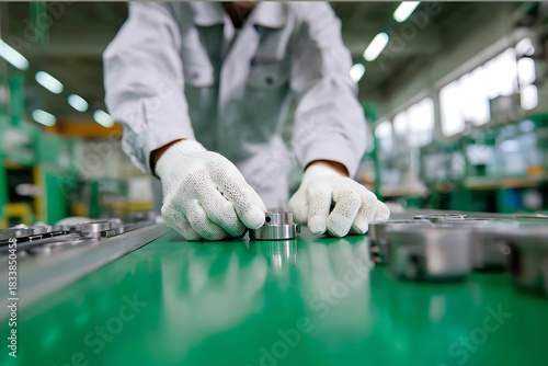 Close-up of Japanese factory worker hands wearing knitted cotton gloves sorting metal parts on green conveyor belt