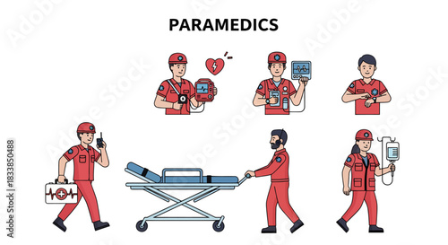 Six cartoon illustrations of paramedics in red uniforms performing various medical tasks