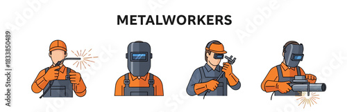 Vector illustrations of four metalworkers performing welding and measuring tasks
