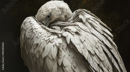 A Pelican Preening, Studio Portrait, Dark Background