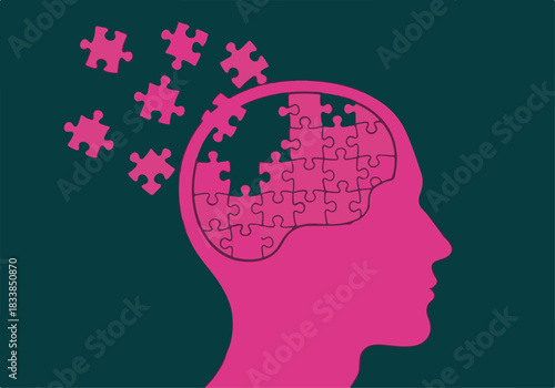 Pink Human Head Profile Silhouette with Puzzle Pieces Falling Out of Brain Concept Vector