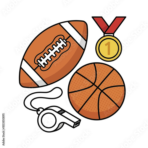 Sports equipment collection including football basketball whistle and gold medal.