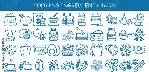 Cooking ingredients linear icon set featuring food elements like rice, spices, vegetables, meat, and herbs. Trendy, clean, and perfect for recipe design, kitchen branding, and culinary projects.