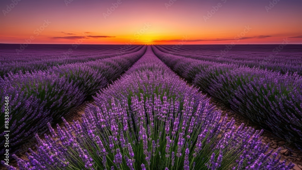 Obraz premium Stunning lavender field at sunset with vibrant purple blooms and orange sky