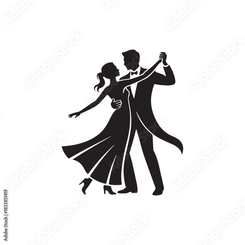 Classic black silhouette of a romantic couple dancing the waltz in formal evening wear, an elegant vector illustration