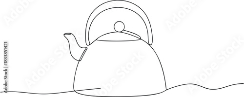 Black line drawing of a round kettle on a wavy surface