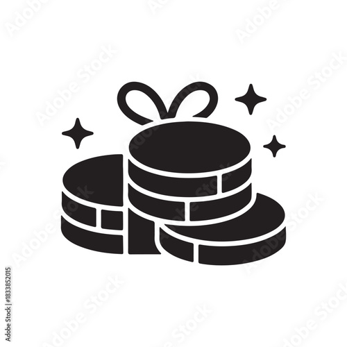 A simple glyph icon of a stack of shiny coins tied with a ribbon, symbolizing a financial gift, prize, bonus reward, or loyalty program benefit