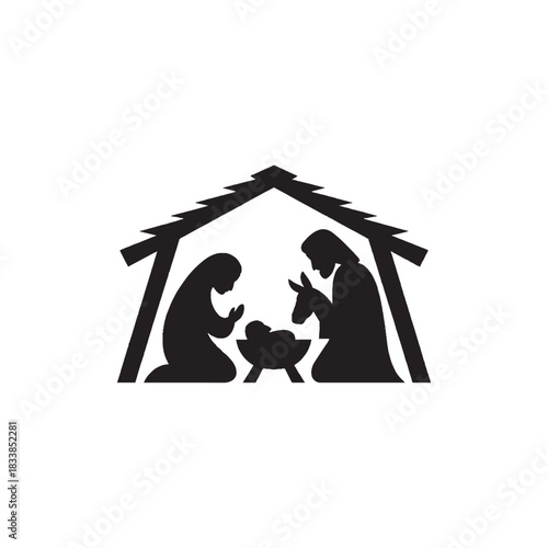 Nativity Scene Silhouette Jesus, Mary, and Joseph in a Stable Icon for Christmas Celebrations